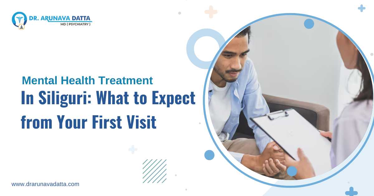 Mental Health Treatment in Siliguri – Dr. Arunava Datta MD Psychiatry consultation banner showing first psychiatric visit session in Siliguri clinic with patient and psychiatrist discussion.